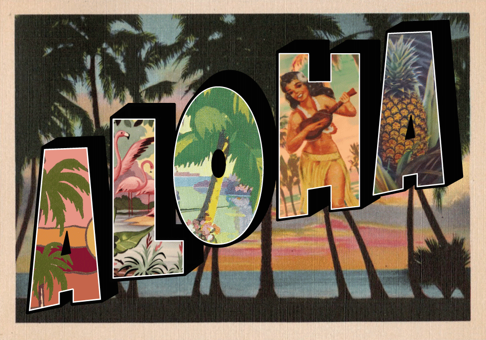 Carte promotionnelle pour boutique parisienne, style greetings américains vintage et tiki