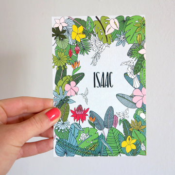 oyeah,marion rousseau,carte,card,Isaac,bébé,garcon,baby boy,naissance,faire-part,birth announcement,flower,jungle,fleurs,tropical,its a boy,monstera,feuilles,leaves,origami,tropicool,garden,palmier,palmtree,palms,lush,print and pattern,surface design,pattern design,textile design