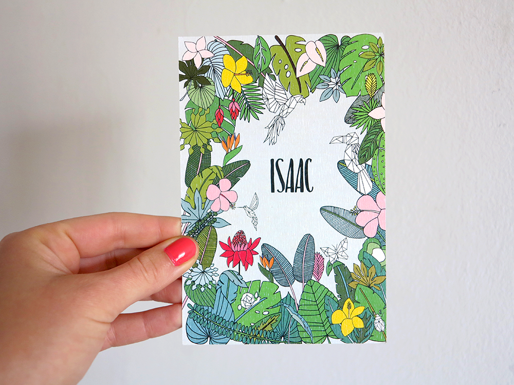 oyeah,marion rousseau,carte,card,Isaac,bébé,garcon,baby boy,naissance,faire-part,birth announcement,flower,jungle,fleurs,tropical,its a boy,monstera,feuilles,leaves,origami,tropicool,garden,palmier,palmtree,palms,lush