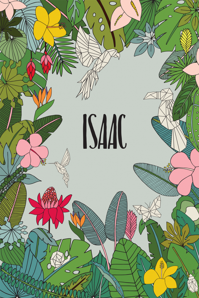 Faire-part de naissance dessiné à Paris, avec fleurs et feuillage tropical