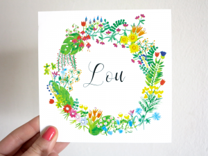 Faire-part de naissance dessiné à Paris, avec fleurs et feuillages à l'aquarelle