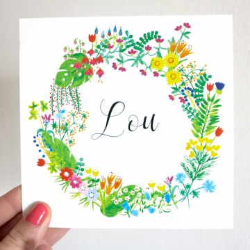 oyeah,marion rousseau,carte,card,Lou,bébé,fille,baby girl,naissance,faire-part,birth announcement,flower,crown,wreath,couronne,fleurs,aquarelle,watercolour,its a girl,printemps,spring,garden,print and pattern,surface design,pattern design,textile design