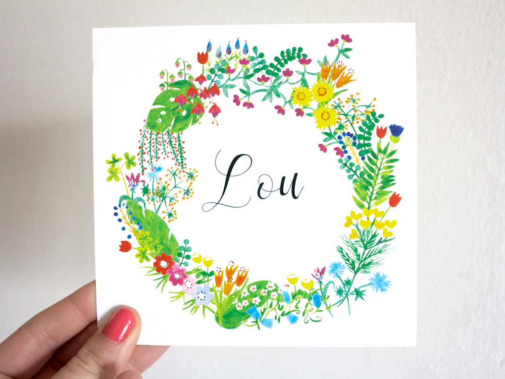 oyeah,marion rousseau,carte,card,Lou,bébé,fille,baby girl,naissance,faire-part,birth announcement,flower,crown,wreath,couronne,fleurs,aquarelle,watercolour,its a girl,printemps,spring,garden,print and pattern,surface design,pattern design,textile design