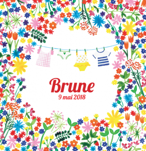 OYeah Studio - Faire-part de naissance dessiné à Paris, avec fleurs à l'aquarelle et layette sur fil à linge