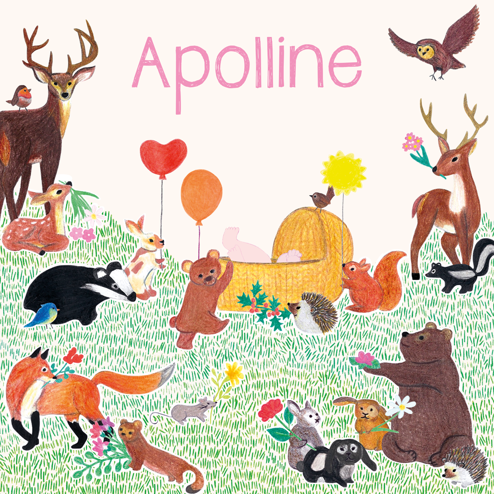 Faire-part de naissance dessiné à Paris, avec animaux de la forêt et ballons de baudruche autour du berceau
