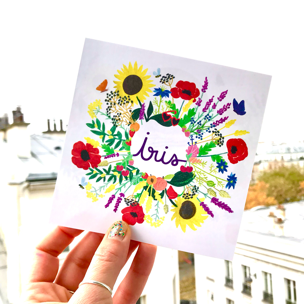 Faire-part de naissance dessiné à Paris, avec fleurs d'été, coquelicots et papillons
