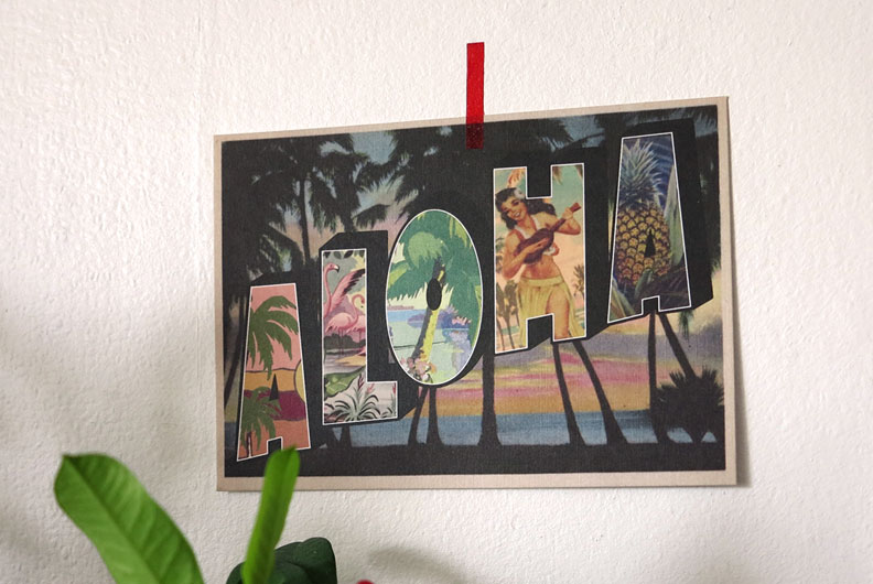 Carte promotionnelle pour boutique parisienne, style greetings américains vintage et tiki