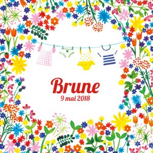 OYeah Studio - Faire-part de naissance dessiné à Paris, avec fleurs à l'aquarelle et layette sur fil à linge