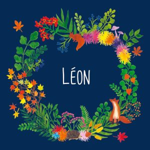 Faire-part de naissance dessiné à Paris par OYeah Studio, avec fleurs et feuillages de l'automne, renard, hérissons et écureuil