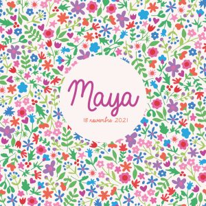 OYeah Studio - Faire-part de naissance dessiné à Paris, avec fleurs naives dans un semis style liberty
