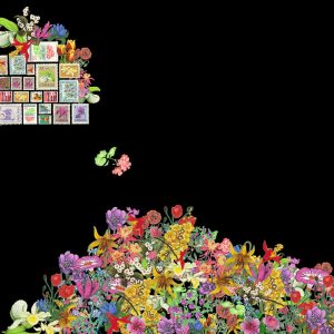Frise composée à partir de timbres multicolores de fleurs pour le musée de la Poste à Paris