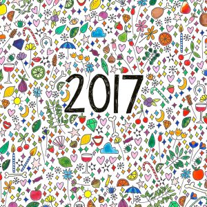 Carte de voeux 2017 par Oyeah Studio avec éléments décoratifs qui apparaissent : coeur, bonbon, fraise, verre de vin, diamant, parapluie, étoiles