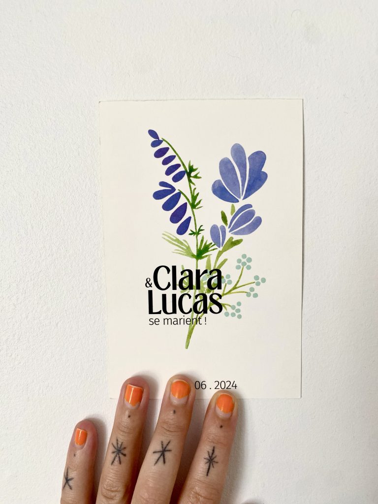 Oyeah Studio - Faire-part de mariage dessiné à Paris, avec fleurs et feuillages à l'aquarelle