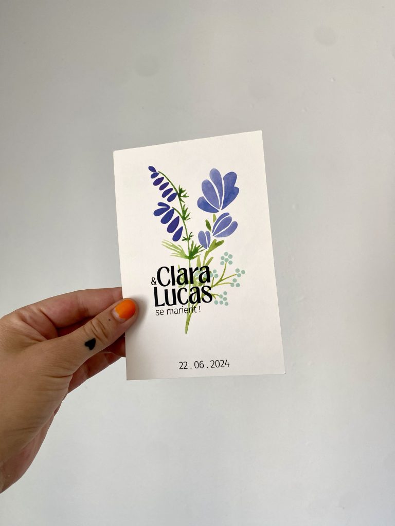 Oyeah Studio - Faire-part de mariage dessiné à Paris, avec fleurs et feuillages à l'aquarelle