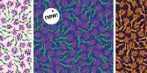 motif-pattern de fleurs au trait de feutre, comme des pompons, dispersées dans tous les sens, avec pois comme du pollen qui vole autour. by Oyeah Studio-Marion Rousseau