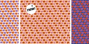 motif-pattern de coeurs smileys et joyeux avec bulles de BD et le mot love, alignés en diagonales. by Oyeah Studio-Marion Rousseau