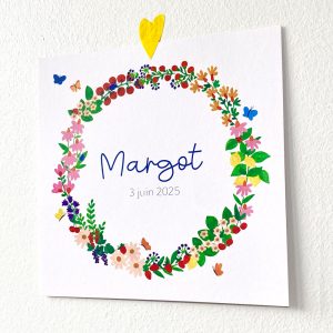 Faire-part de naissance personnalisé avec couronne de fleurs, fruits et insectes d'été by Oyeah - Marion Rousseau