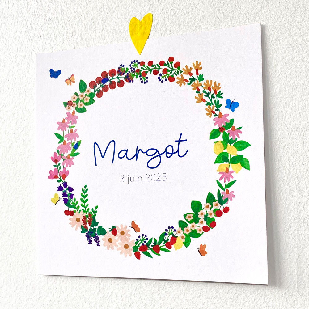 Faire-part de naissance personnalisé avec couronne de fleurs, fruits et insectes d'été by Oyeah - Marion Rousseau